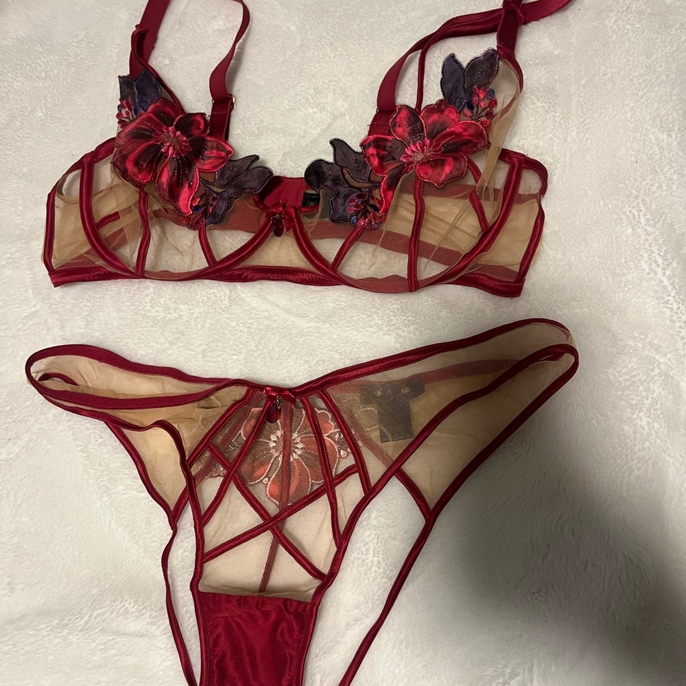 Honey Birdette Red and Purple Floral Bra Set 36DDD